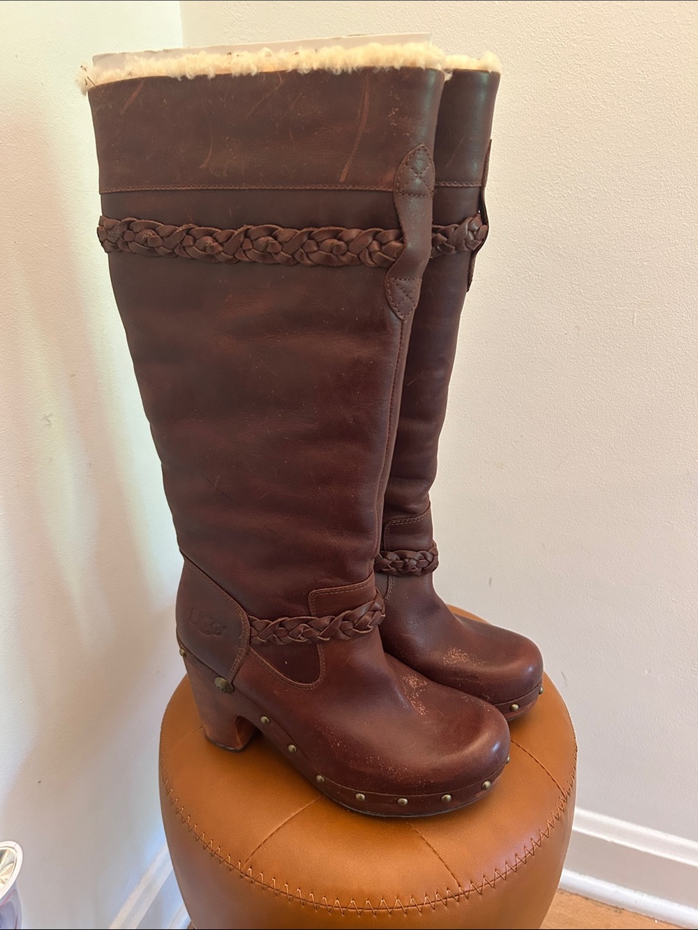 UGG Brown Leather Knee-High Shearling-Trim Braided-Accent Heeled Boots